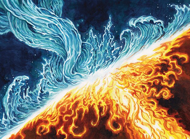 Fantasy illustration depicting a stalemate between fire and water magic