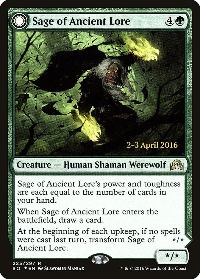 Sage of Ancient Lore // Werewolf of Ancient Hunger (Shadows over Innistrad Promos #225s)