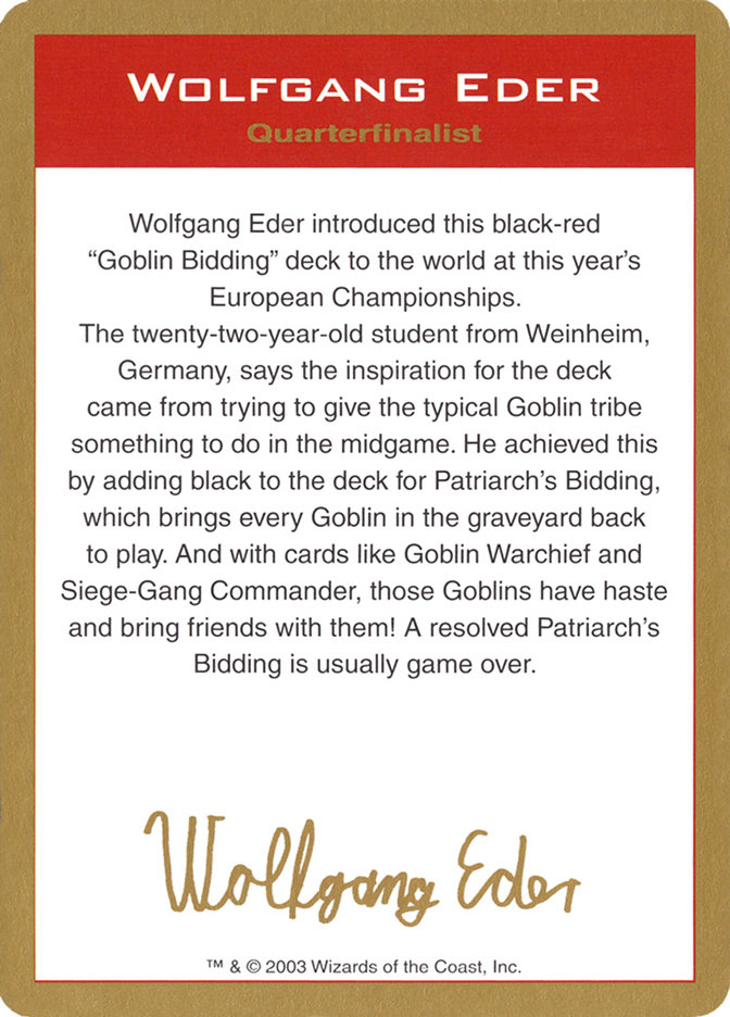 Wolfgang Eder Bio (World Championship Decks 2003 #we0a)