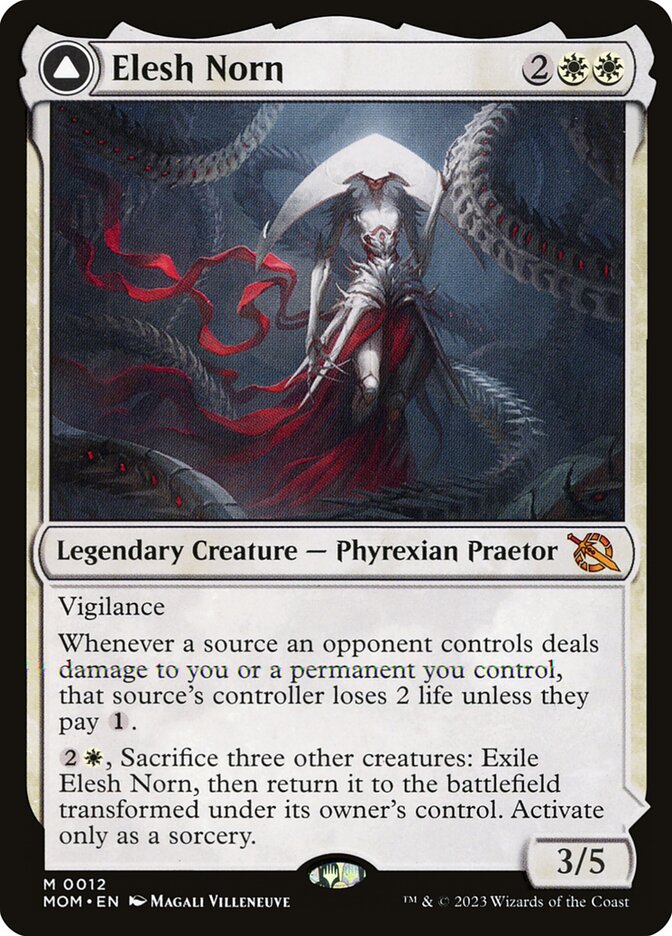 image of the magic the gathering game piece for the card Elesh Norn who's card art features a robotic looking female figure with a very large arch shaped face plate standing among piles of robotic tentacles. She wears a red sash. The card's text reads as follows: Legendary Creature - Phyrexian Praetor. Vigilance. Whenever a source an opponent controls deals damage to you or a permanent you control, the source's controller loses 2 life unless they pay 1 mana. For 2 mana and a white mana, Sacrifice 3 other creatures: Exile Elesh Norn, then return it to the battlefield transformed under its owner's control. Activate only as a sorcery. There is a 3/5 in the lower right denoting the creature's power and toughness.