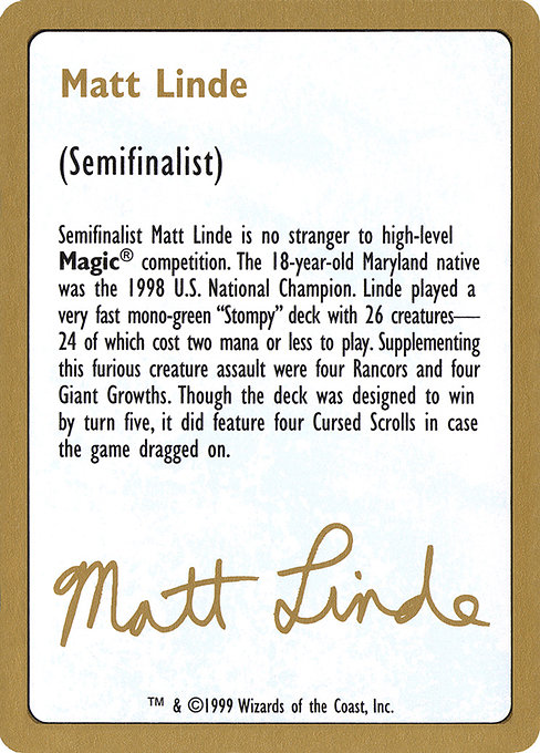 Matt Linde Bio (World Championship Decks 1999 #ml0a)