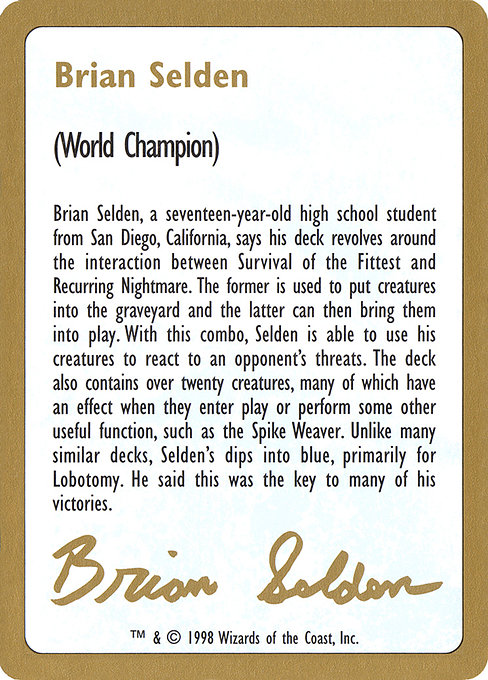 Brian Selden Bio (World Championship Decks 1998 #bs0a)